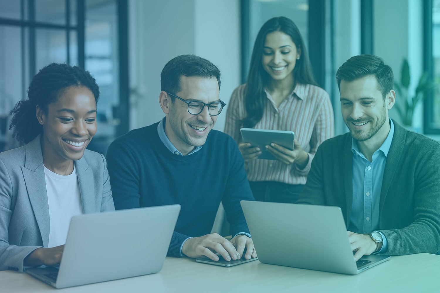 colleagues using laptops and devices in a modern office to create effective AI prompts for internal communications