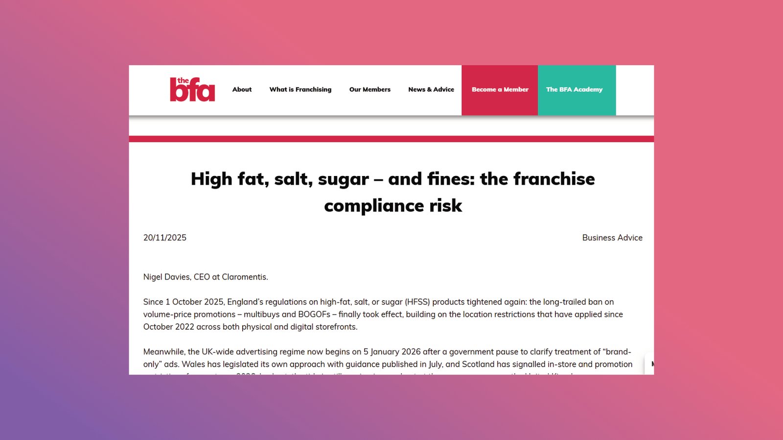 Claromentis British Franchise Association Feature: HFSS Compliance Risk