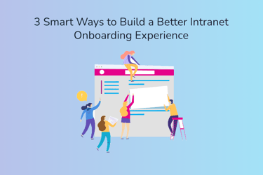 Illustrated people in front of an illustrated depiction of an intranet