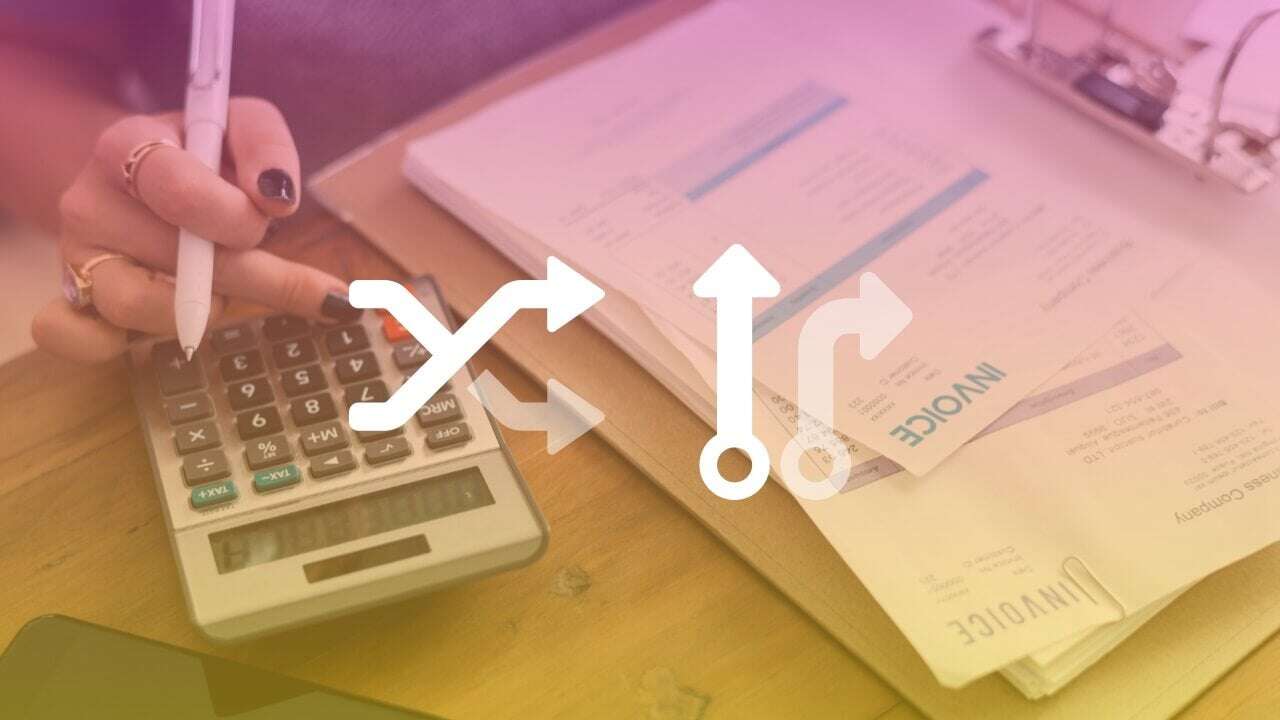 Invoices and calculators with an overlay of purchase automation symbols