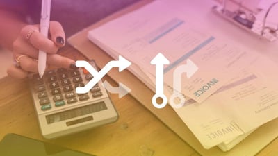 Invoices and calculators with an overlay of purchase automation symbols
