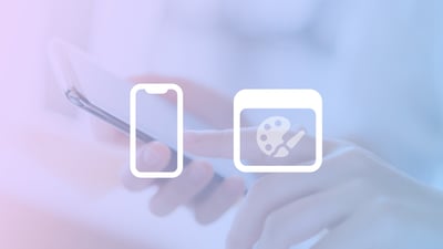 Hands holding a smartphone, overlayed with a gradient filter and white icons