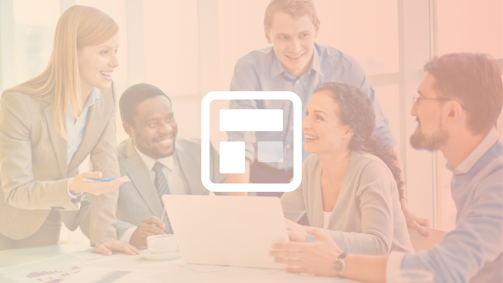 Workers gathered around a laptop, overlayed with a gradient filter