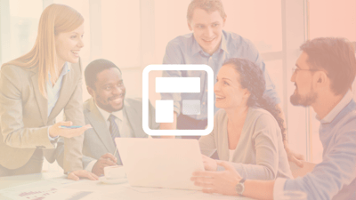 Workers gathered around a laptop, overlayed with a gradient filter