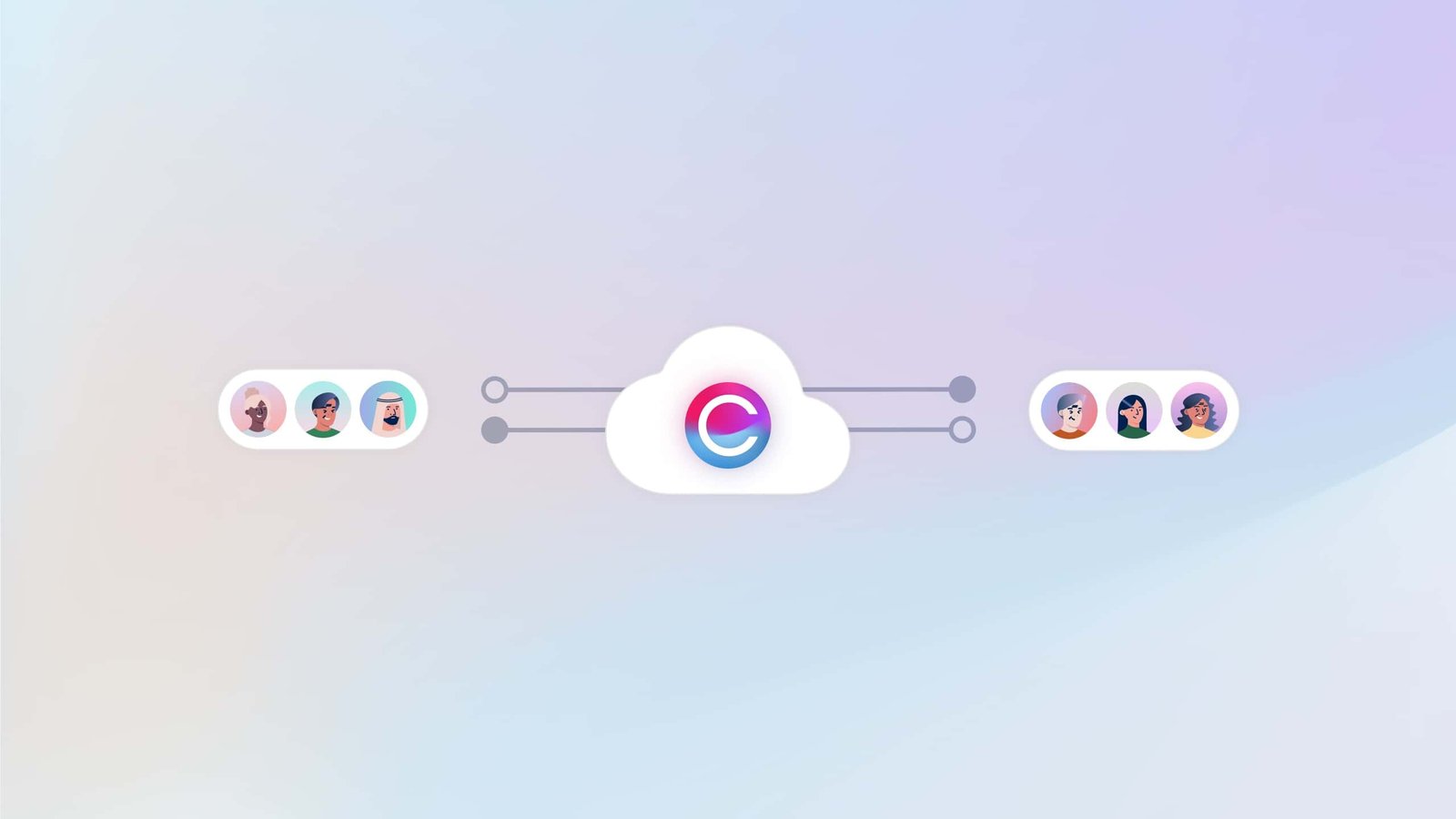 The Claromentis logo in a cloud, with illustrated people icons either side