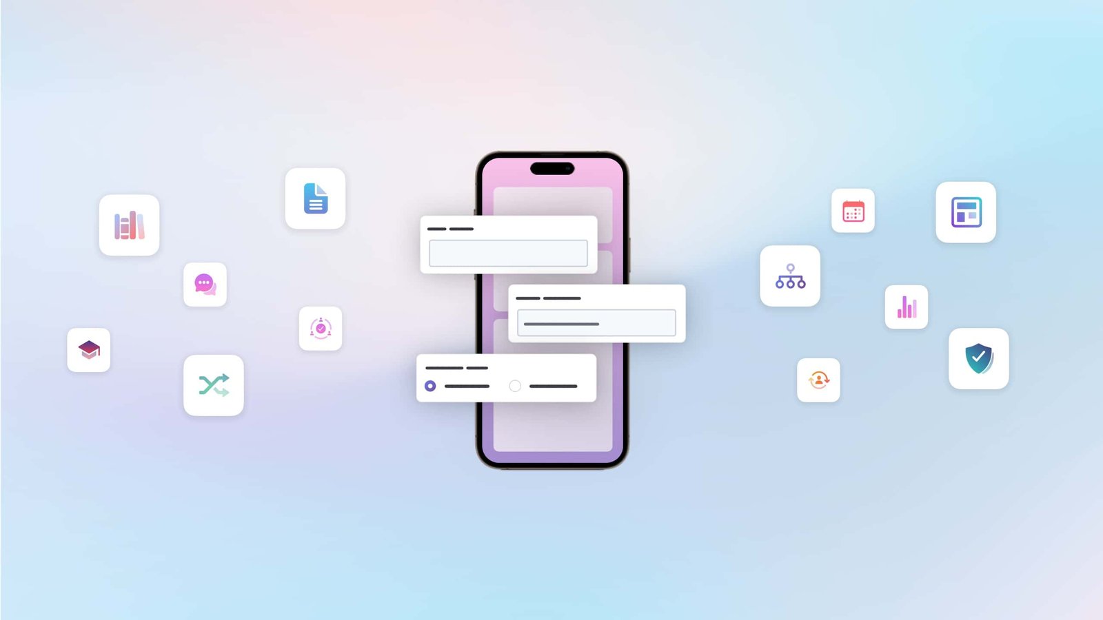 Graphic illustrations of a mobile phone, surrounded by floating notifications and icons