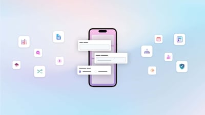 Graphic illustrations of a mobile phone, surrounded by floating notifications and icons