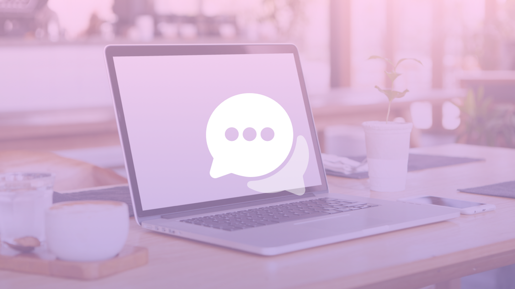 A laptop, overlayed with a gradient filter and a white chat bubble icon