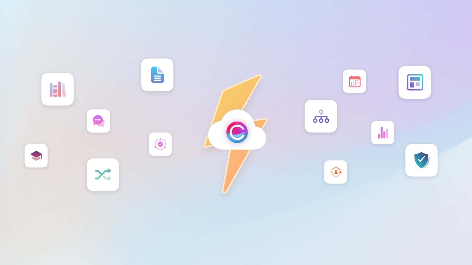 A graphic lightning bolt surrounded by Claromentis application icons, illustrating the concept of cloud-based intranets