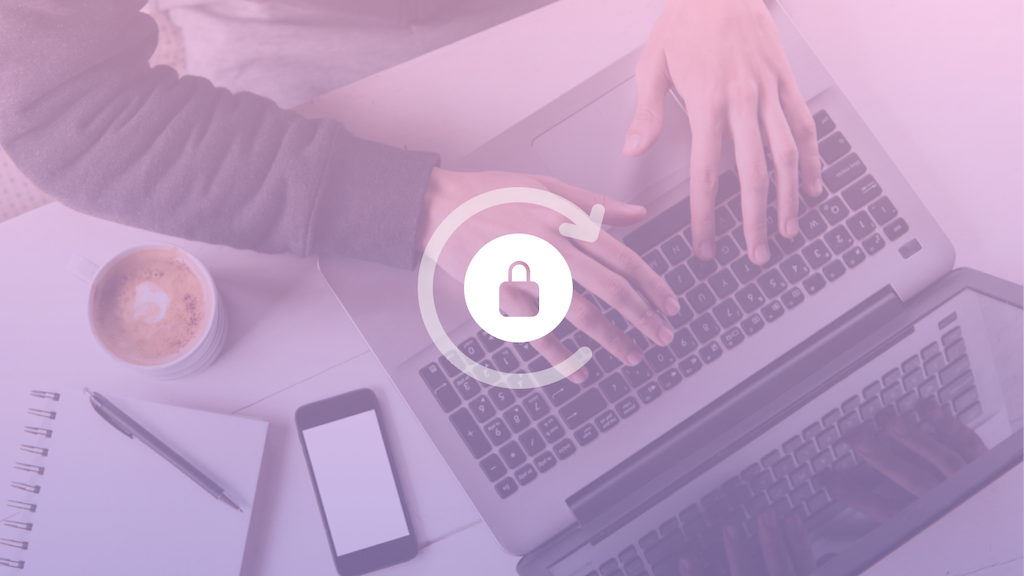 Bird's eye photograph of hands typing on a keyboard, overlayed with a gradient filter
