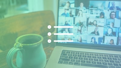 A photograph of a laptop displaying a video conference, overlayed with a gradient filter
