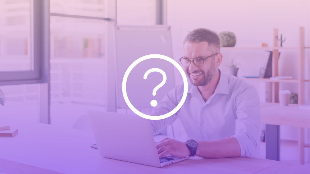 Man smiling and typing on a laptop, overlayed with a gradient filter