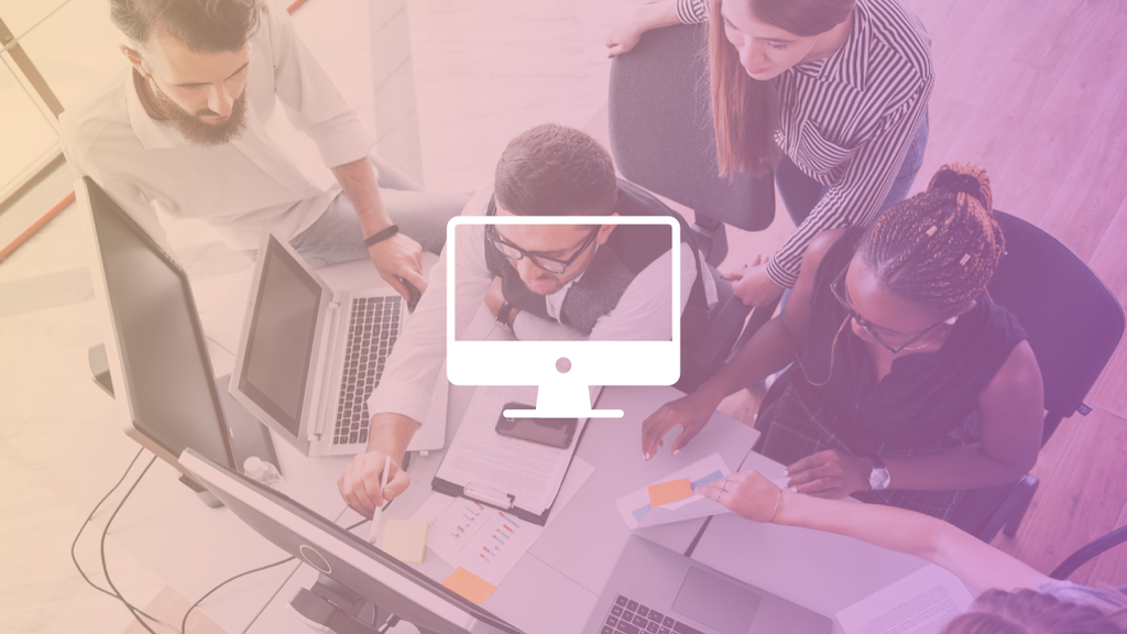 Employees crowded around a desk, overlayed with a gradient filter and white desktop icon