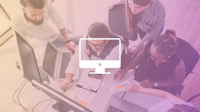 Employees crowded around a desk, overlayed with a gradient filter and white desktop icon