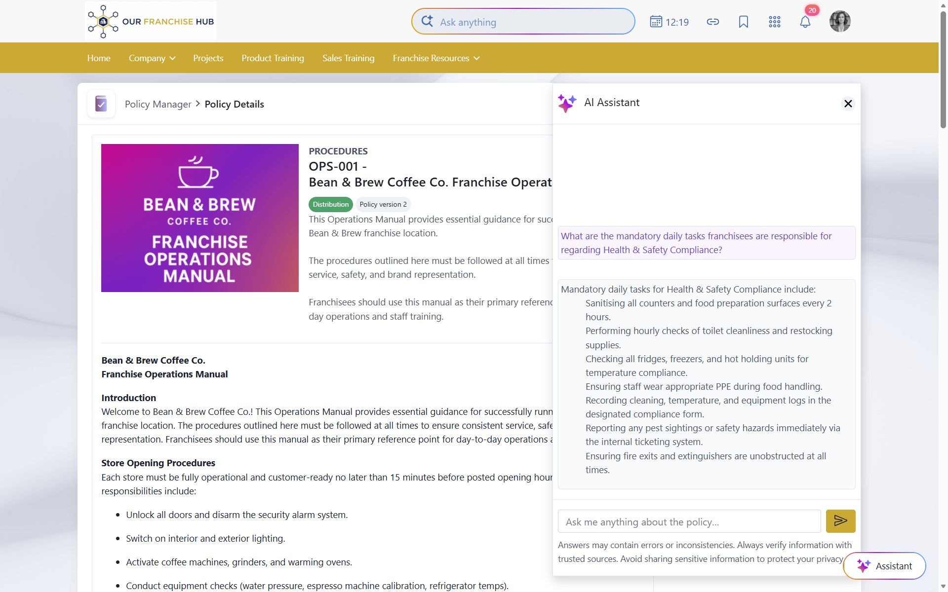 Screenshot of the Claromentis Franchise Hub policy management application, showing a sample Operations Manual with integrated AI assistant pop-up