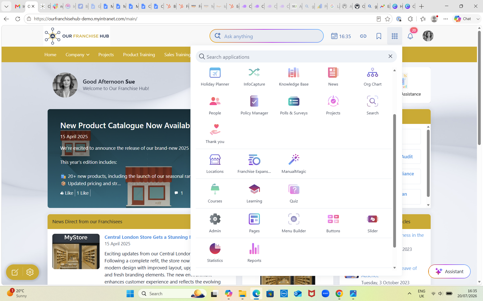 A screenshot of the Claromentis Franchise Hub homepage (demo version) with the drop down app menu visible