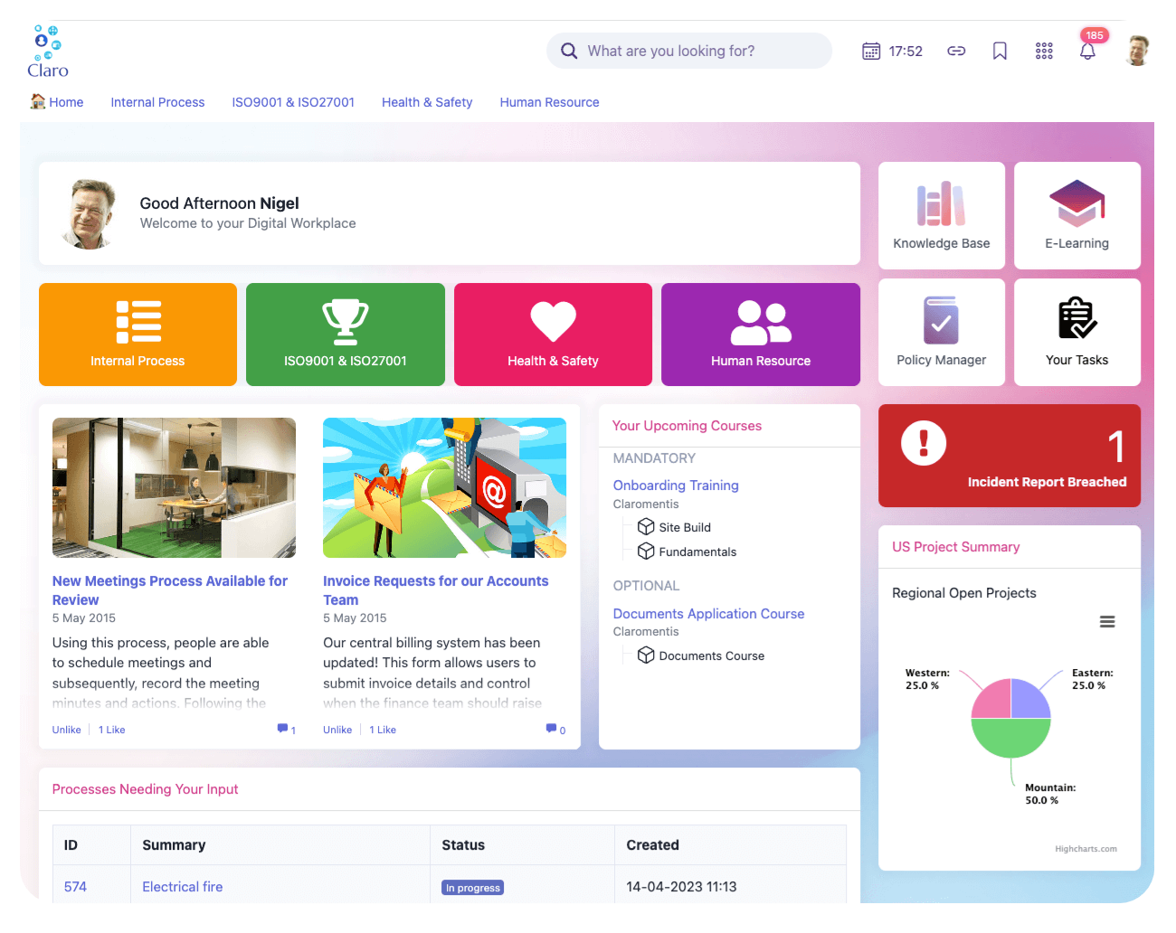 Claromentis intranet dashboard showing employee news, business applications and workplace resources