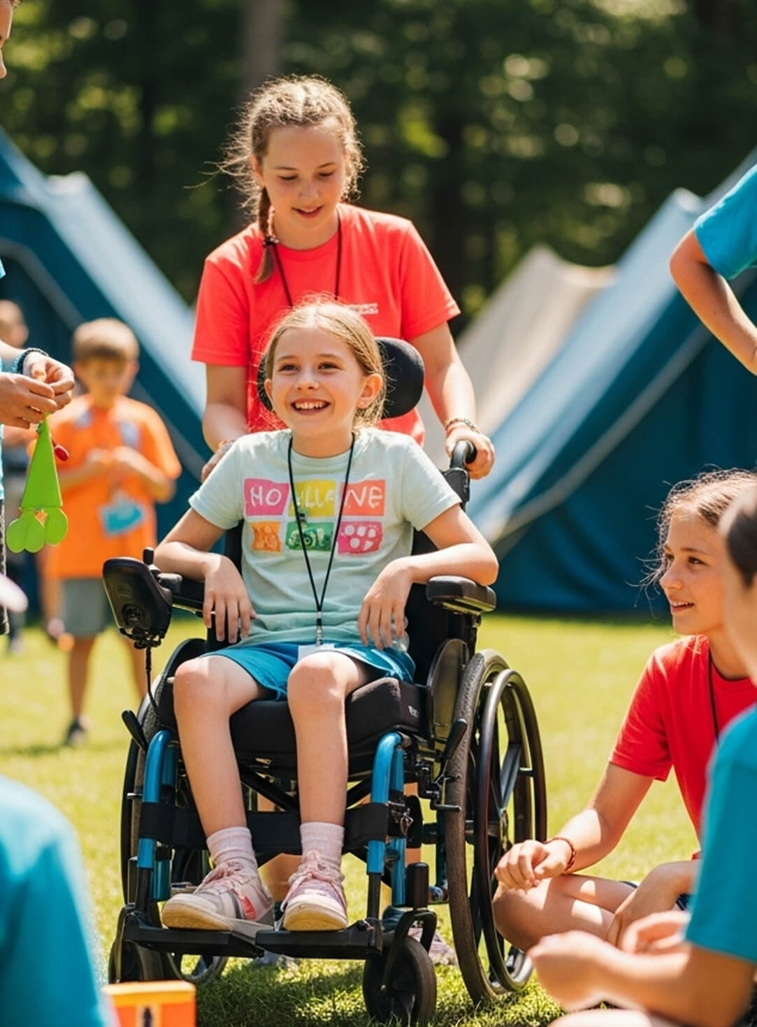 A child in a wheelchair at a camp