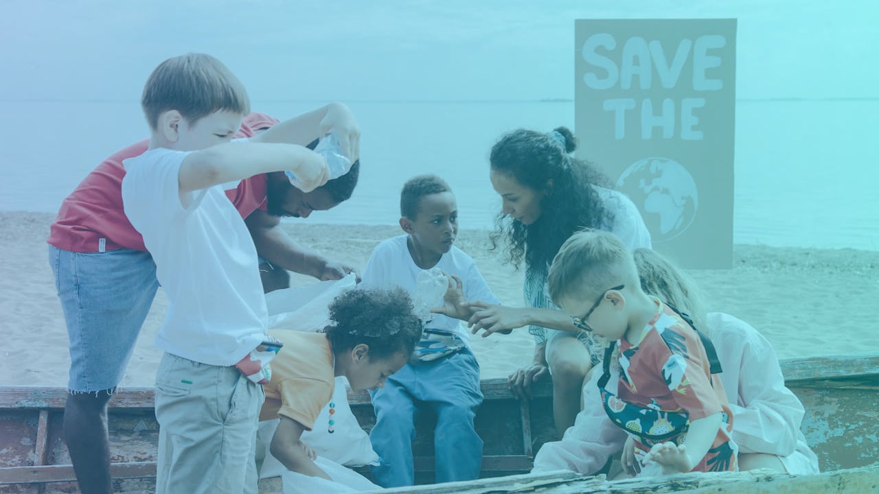 group of children collecting plastics