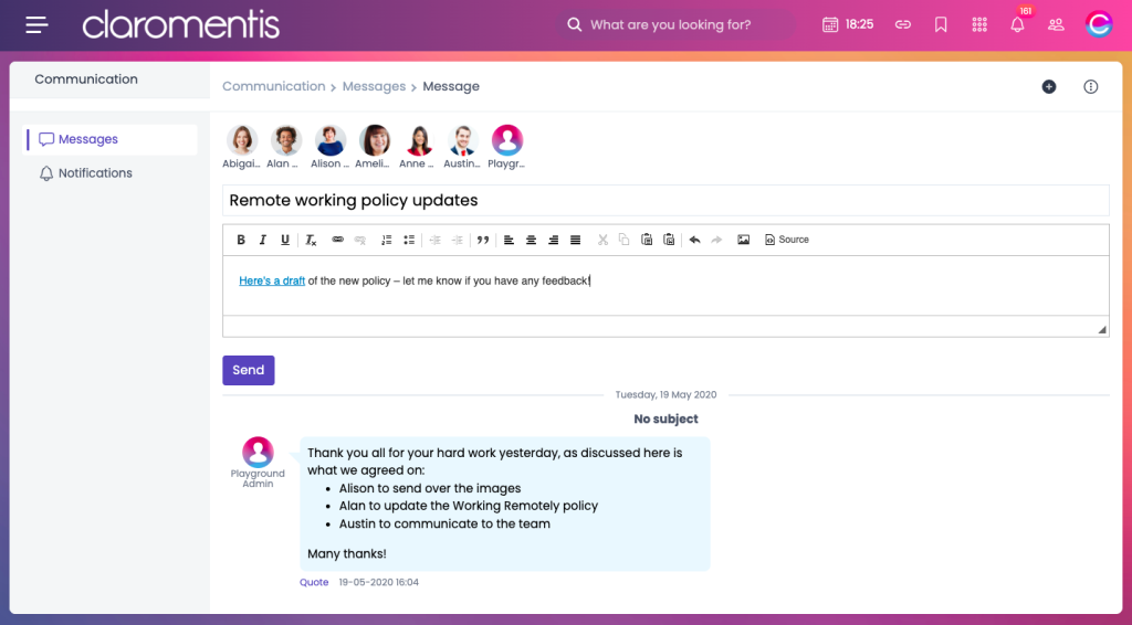 claromentis-intranet-messenger-app-showing-employee-message-thread